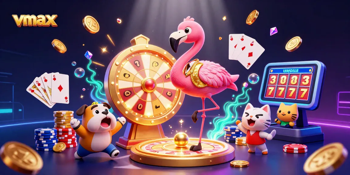Win big with vmax as a flamingo host spins the prize wheel, excitement in a vibrant casino