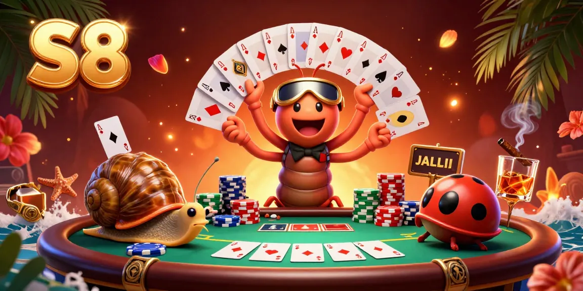Spin the reels with S8, where a vibrant millipede dealer and high-roller snail lead the poker table excitement!