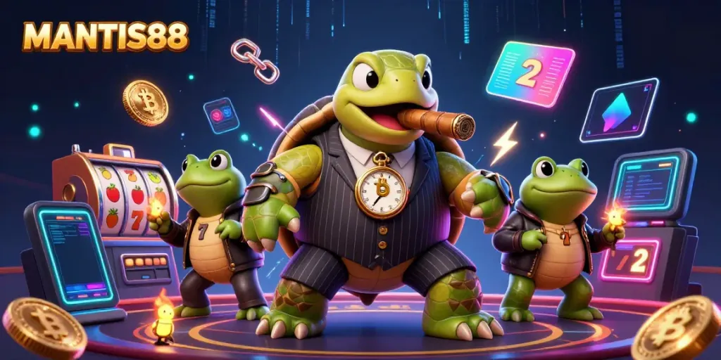 MANTIS88 showcases a vibrant casino scene with a snapping turtle in a mobster suit and bullfrog enforcers amidst dynamic game elements.