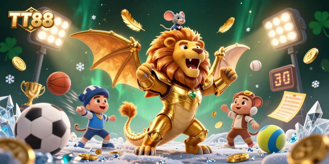 TT88 showcases an exciting online casino experience with dynamic sports elements, roaring chimera, and gold tokens.