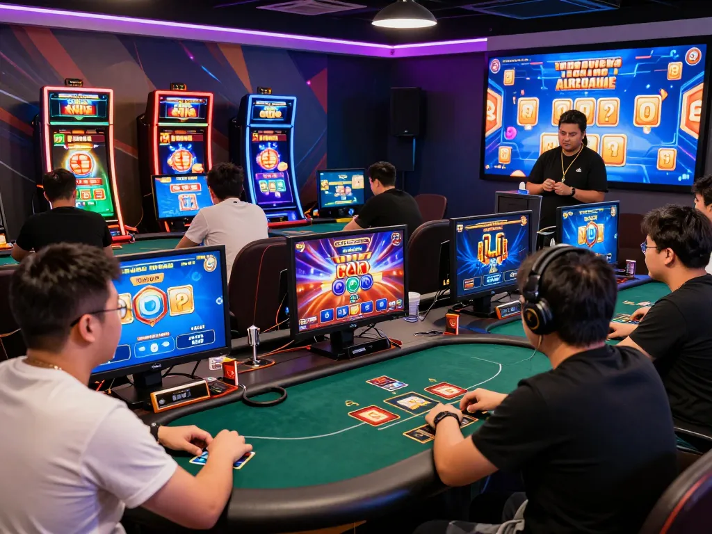 Cổng game Rikvip vibrant gaming scene with players at virtual tables, showcasing excitement and interaction.