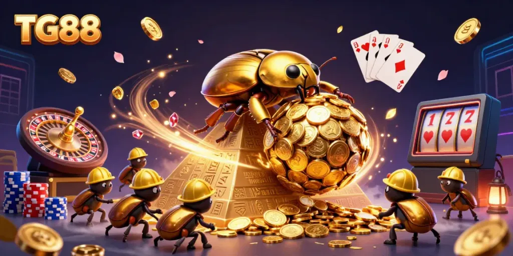 Experience the excitement of TG88 as a massive golden dung beetle rolls coins in this casino-themed 3D illustration.
