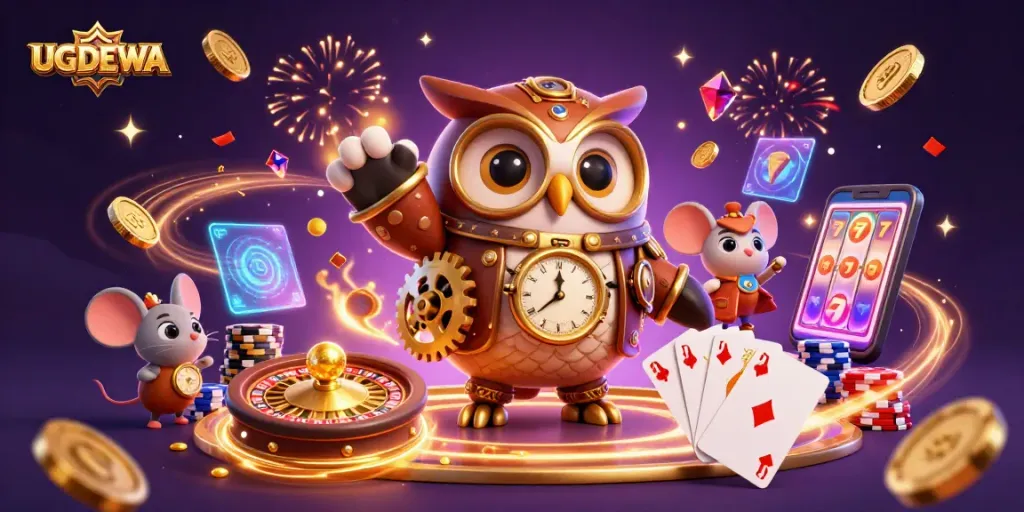 Play exciting casino games at UGDEWA, featuring vibrant characters and dynamic elements illustrating winnings.