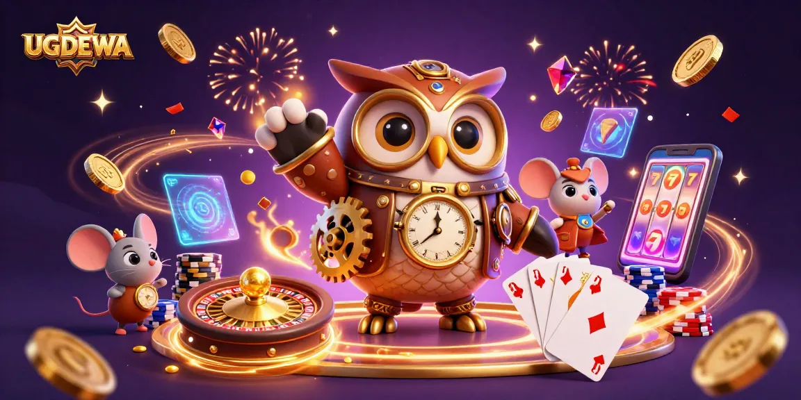 Play exciting casino games at UGDEWA, featuring vibrant characters and dynamic elements illustrating winnings.