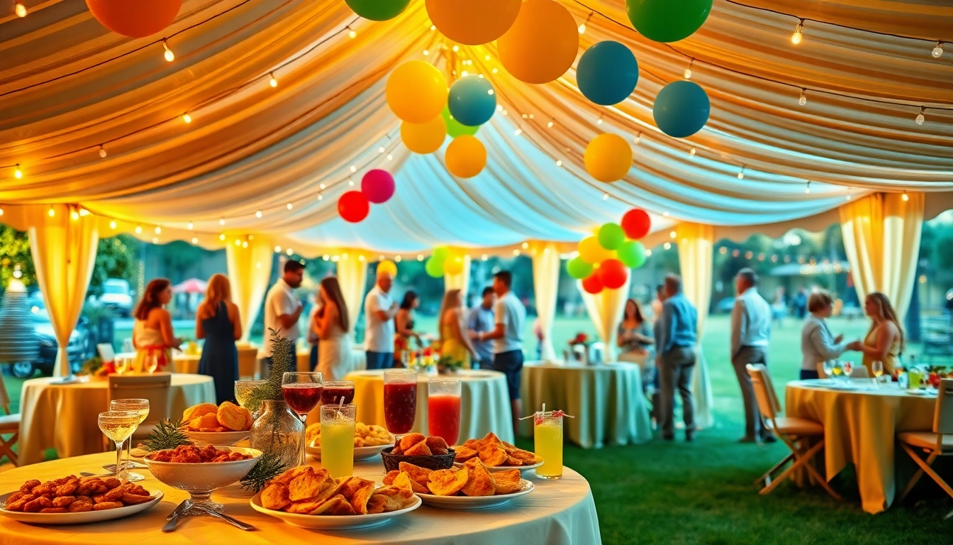 Outdoor Party Rentals setup with vibrant decorations and happy guests engaging in a festive atmosphere.