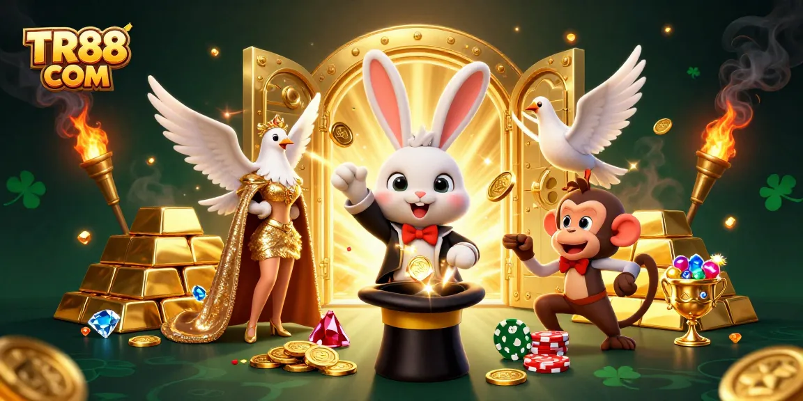 Experience thrilling wins with TR88 COM in this lively casino-themed illustration showcasing fun characters and game elements.