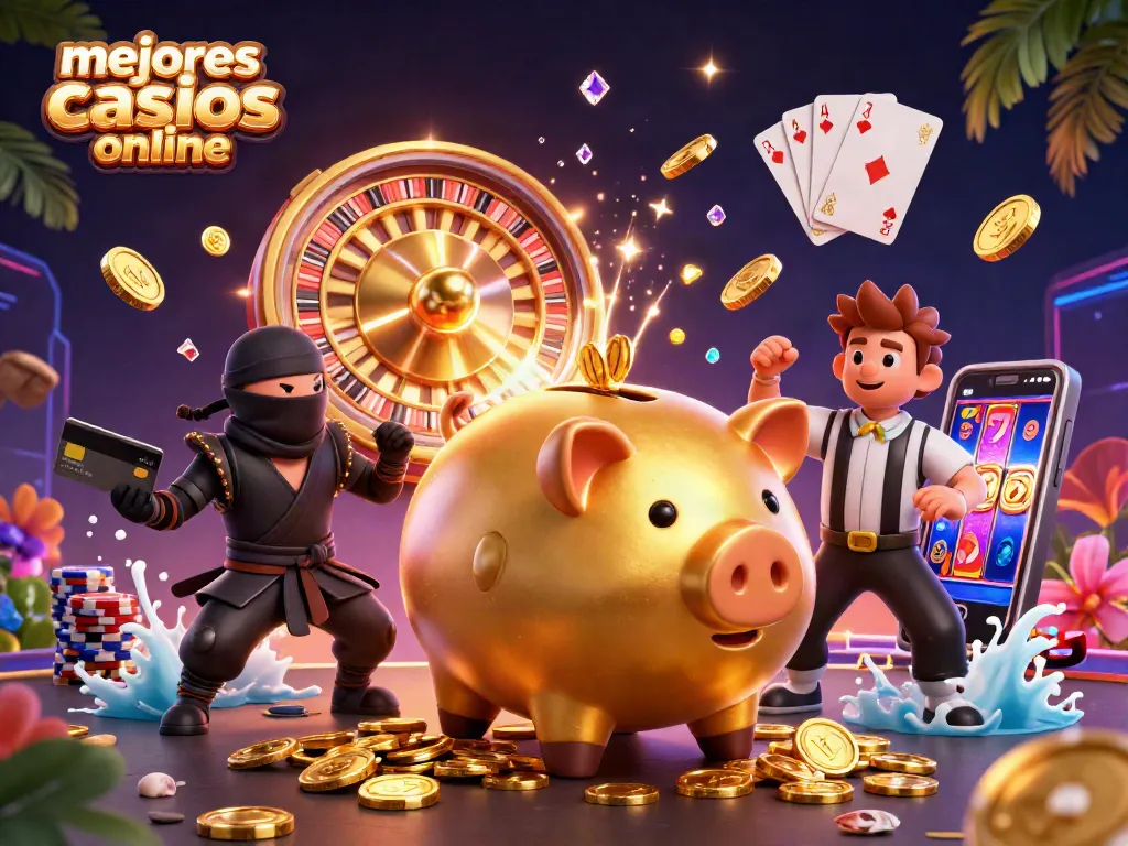 Juega en los mejores casinos online con una ilustración dinámica de personajes y elementos de casino en acción.