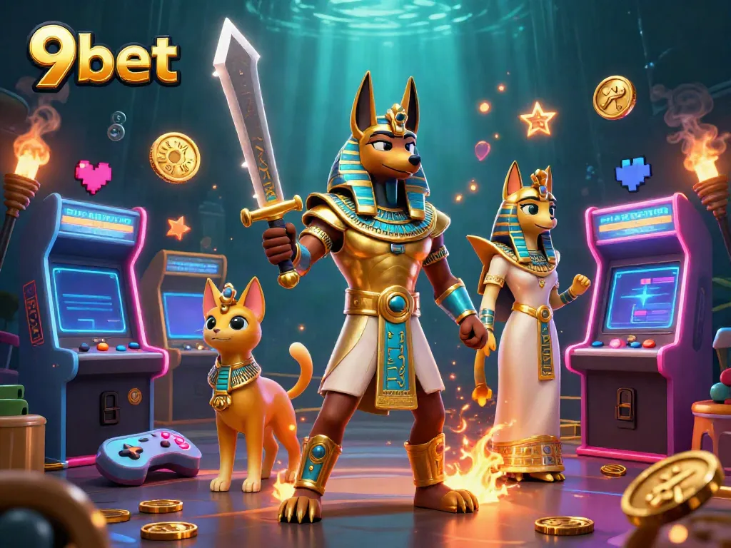 Experience thrilling gaming action with 9bet featuring Anubis and Bastet amidst vibrant arcade elements.