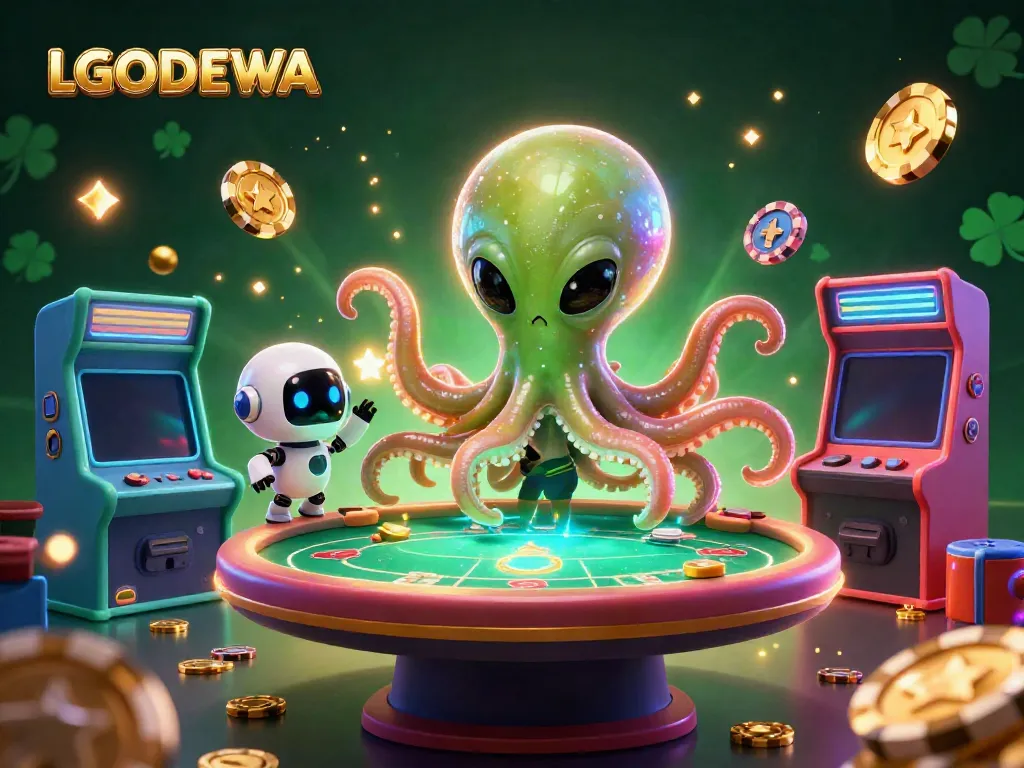 Play interactive games with the LGODEWA octopus at the holographic poker table in a vibrant cosmic setting.
