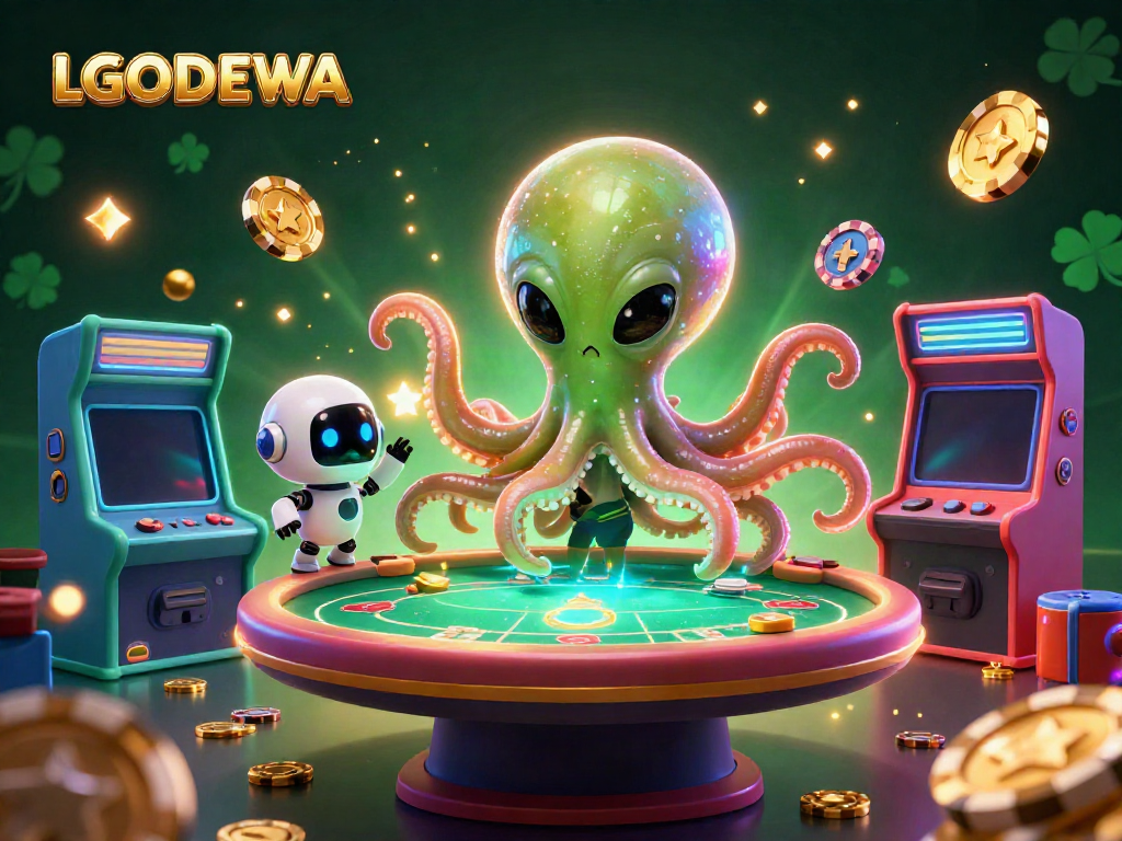 Play interactive games with the LGODEWA octopus at the holographic poker table in a vibrant cosmic setting.