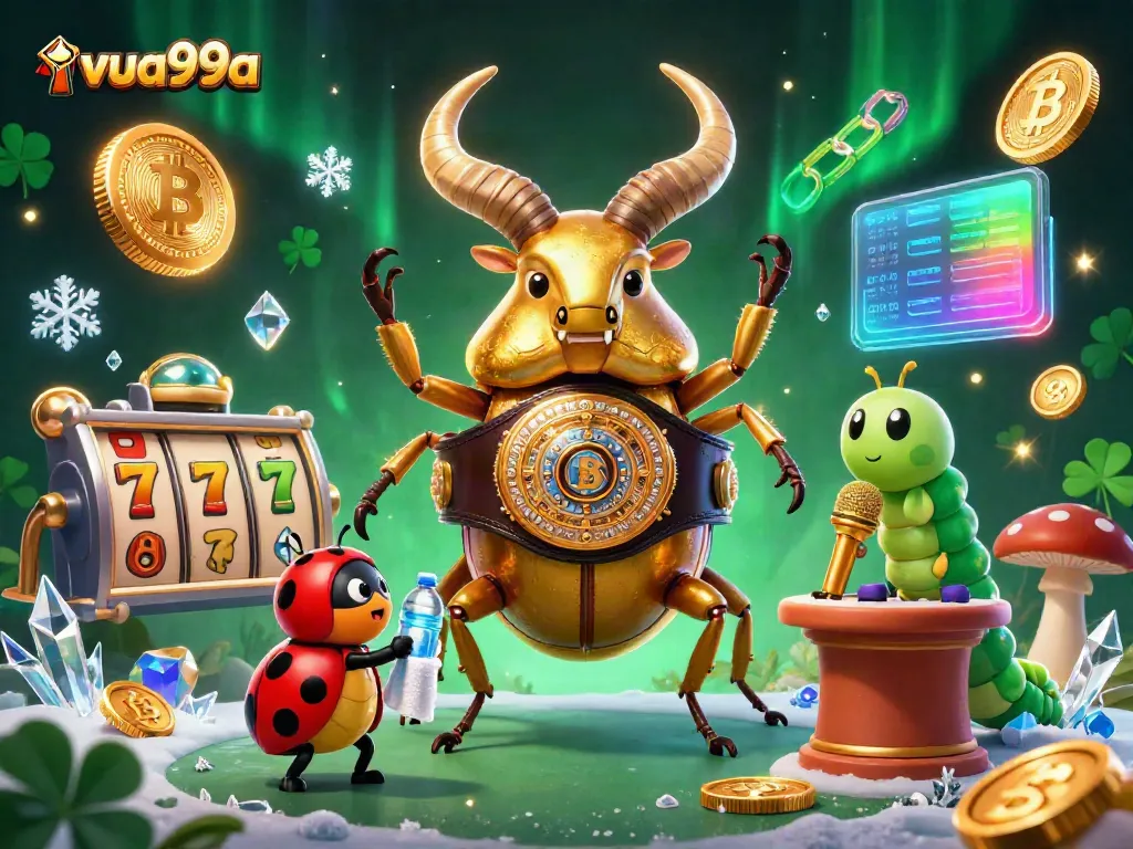 Experience thrilling wins at vua99a with a vibrant casino atmosphere filled with golden elements and playful characters.