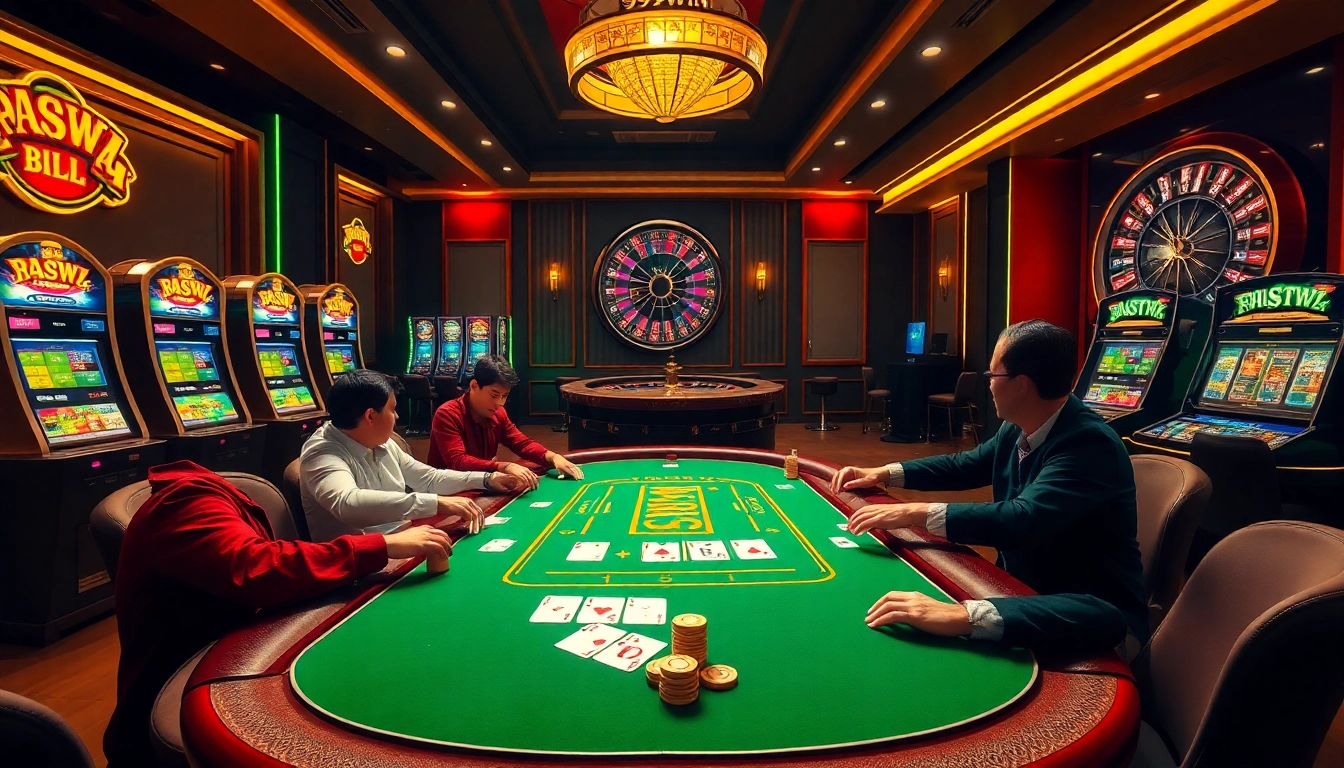 Experience thrilling gameplay at 99win casino with poker chips and vibrant slot machines in a luxurious setting.