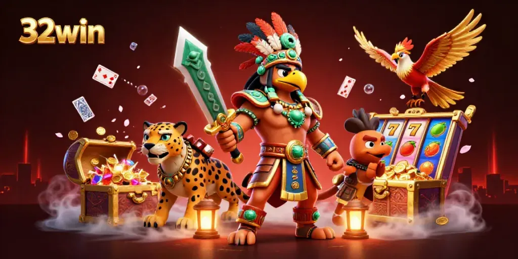 Engage with exciting gaming action featuring 32win's Aztec warrior and jaguar amidst vibrant casino elements.