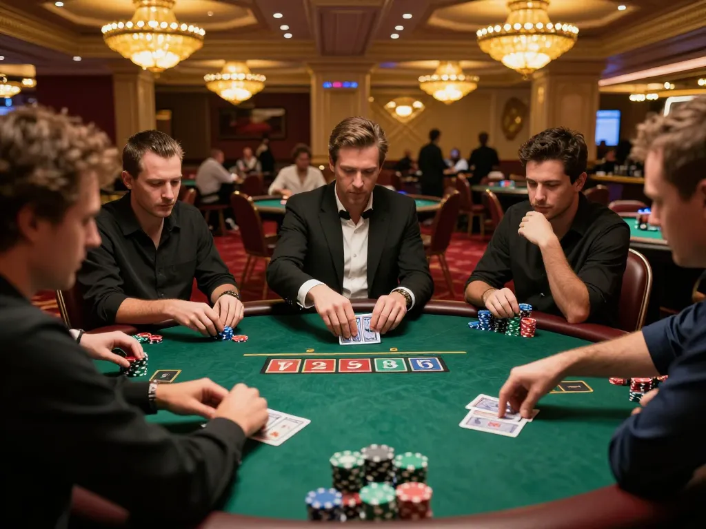 Players strategizing during an intense poker game, highlighting j88 bets and excitement in a lavish casino.