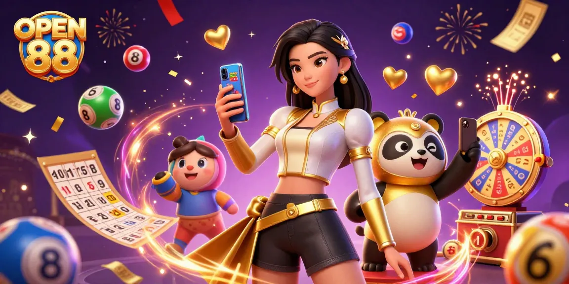 Engage in exciting gaming adventures at OPEN 88 with vibrant casino scenes featuring lively lottery elements.