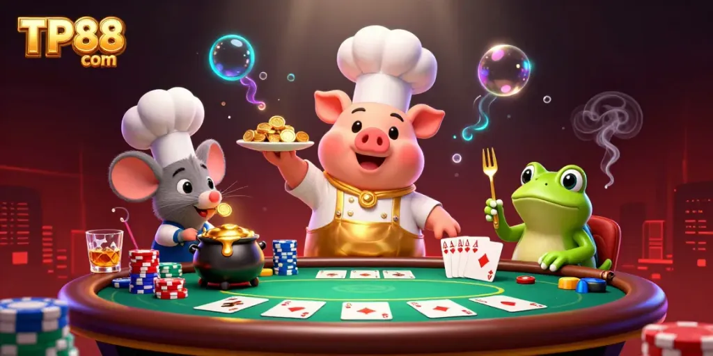 Experience the excitement of TP88 com with a lively scene of whimsical characters in a dynamic casino setting.