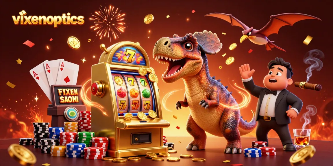 Vixen Optics showcases a cartoon scene of a dinosaur celebrating a jackpot win at a vibrant online casino.