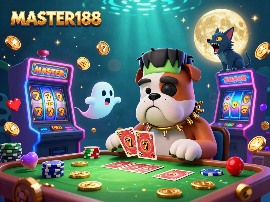 Experience thrilling card games with MASTER188's vibrant slot machines and characters at a spooky gaming table.