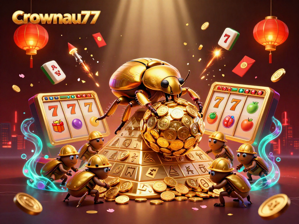 Crownau77 showcases a golden dung beetle and slot reels amidst vibrant casino elements.