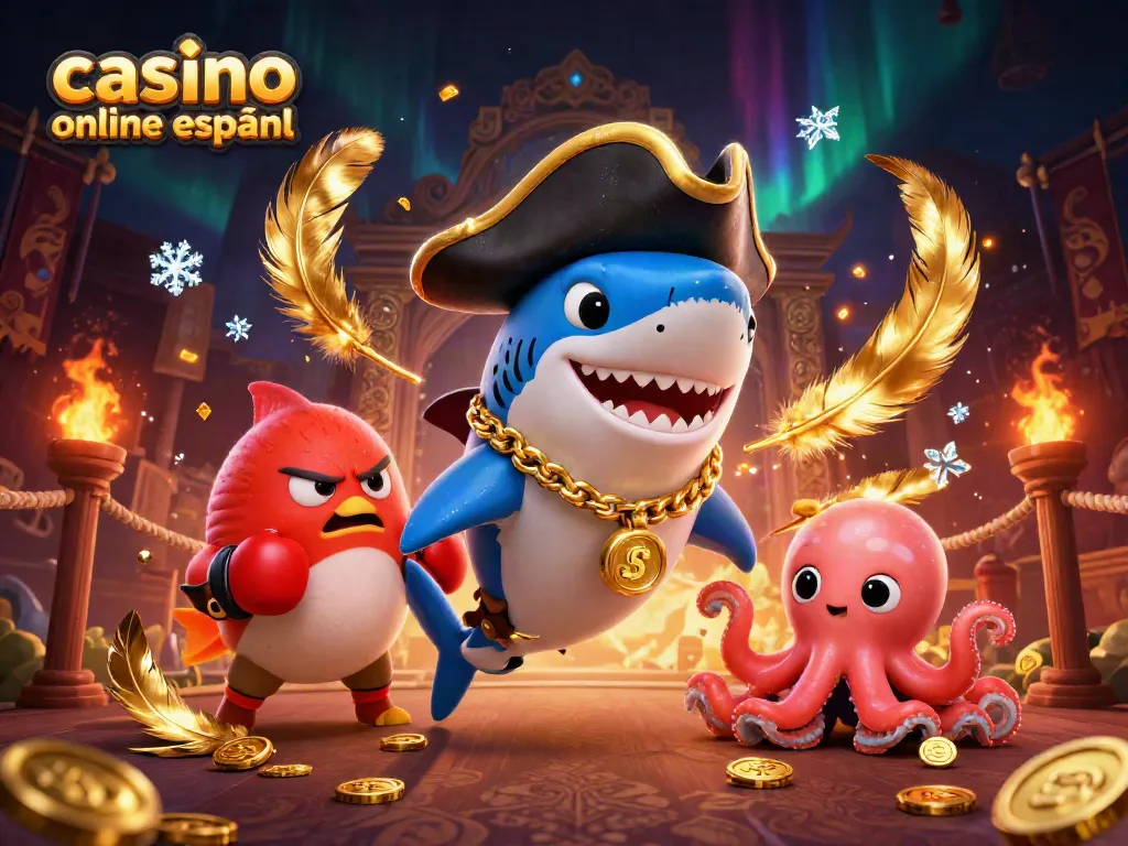 Un emocionante casino online español con un tiburón pirata y un pulpo sosteniendo monedas doradas.