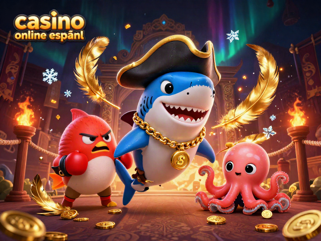 Un emocionante casino online español con un tiburón pirata y un pulpo sosteniendo monedas doradas.