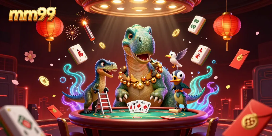 Engage in thrilling gameplay at mm99 with a fun cartoon casino scene featuring a dinosaur dealer!