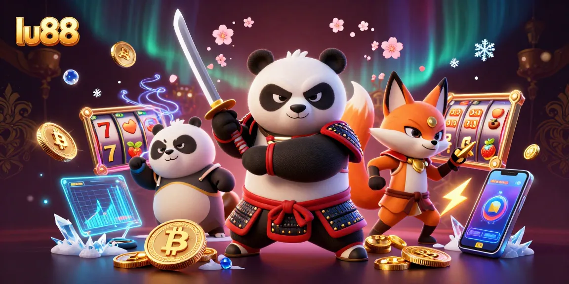 lu88 casino scene featuring samurai panda and ninja fox engaging in gaming action with crypto elements