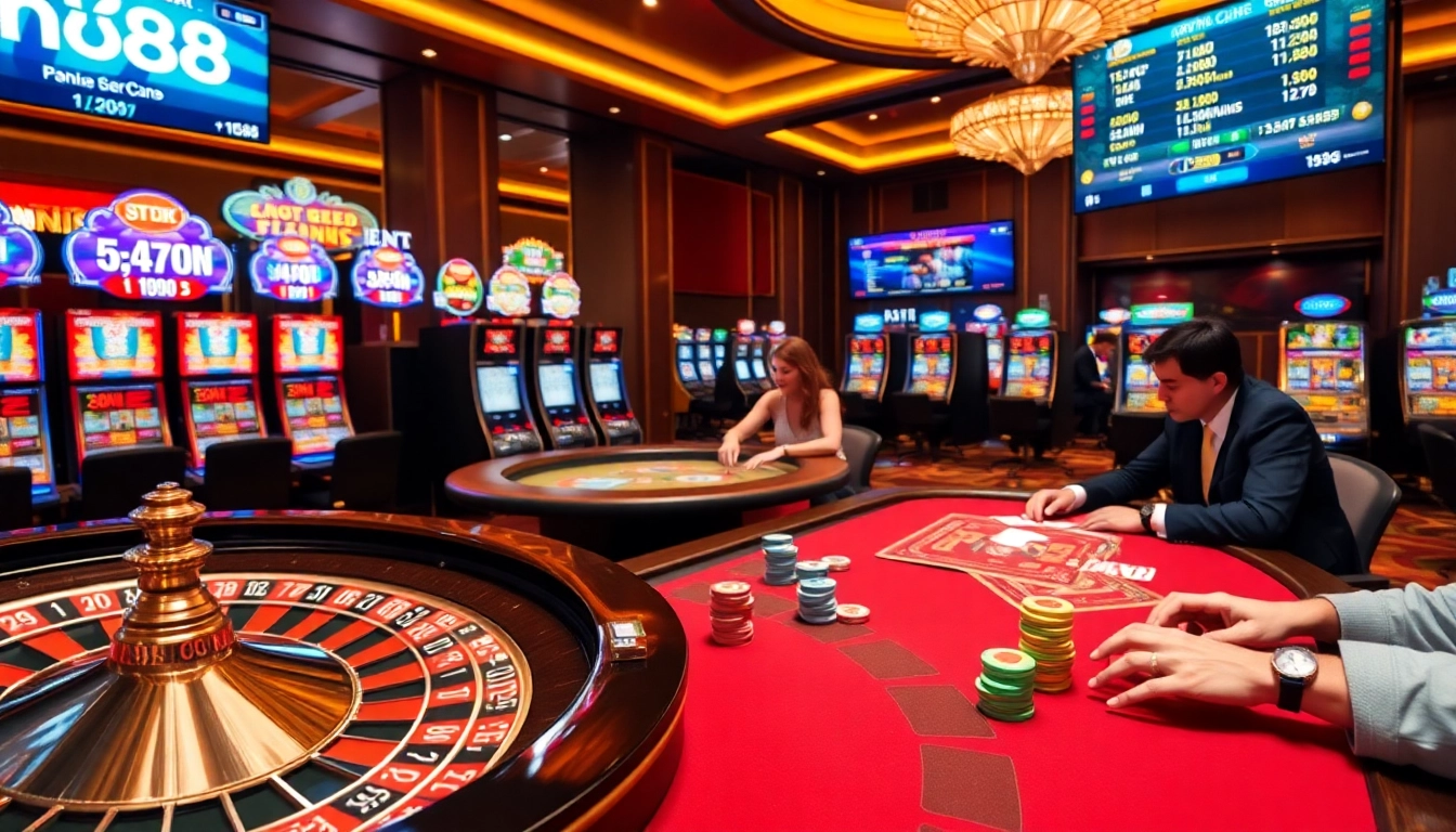 Players engaging at Hi88's vibrant casino tables with roulette and slots.