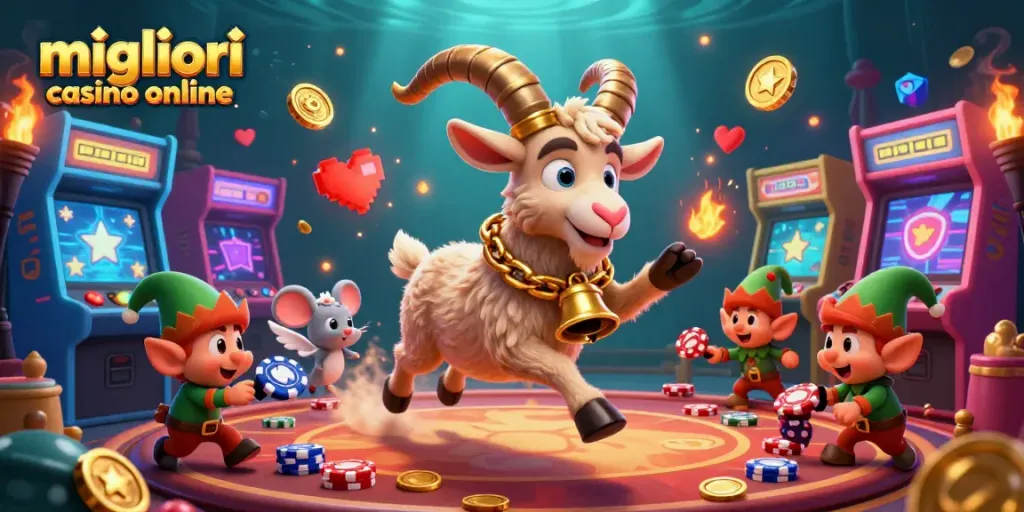 I migliori casino online presentano un'illustrazione 3D vibrante, con un Krampus giocoso e gremlins al casinò.