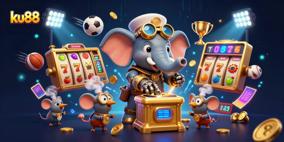 Engage in thrilling ku88 slot action with steampunk characters surrounded by sports elements.