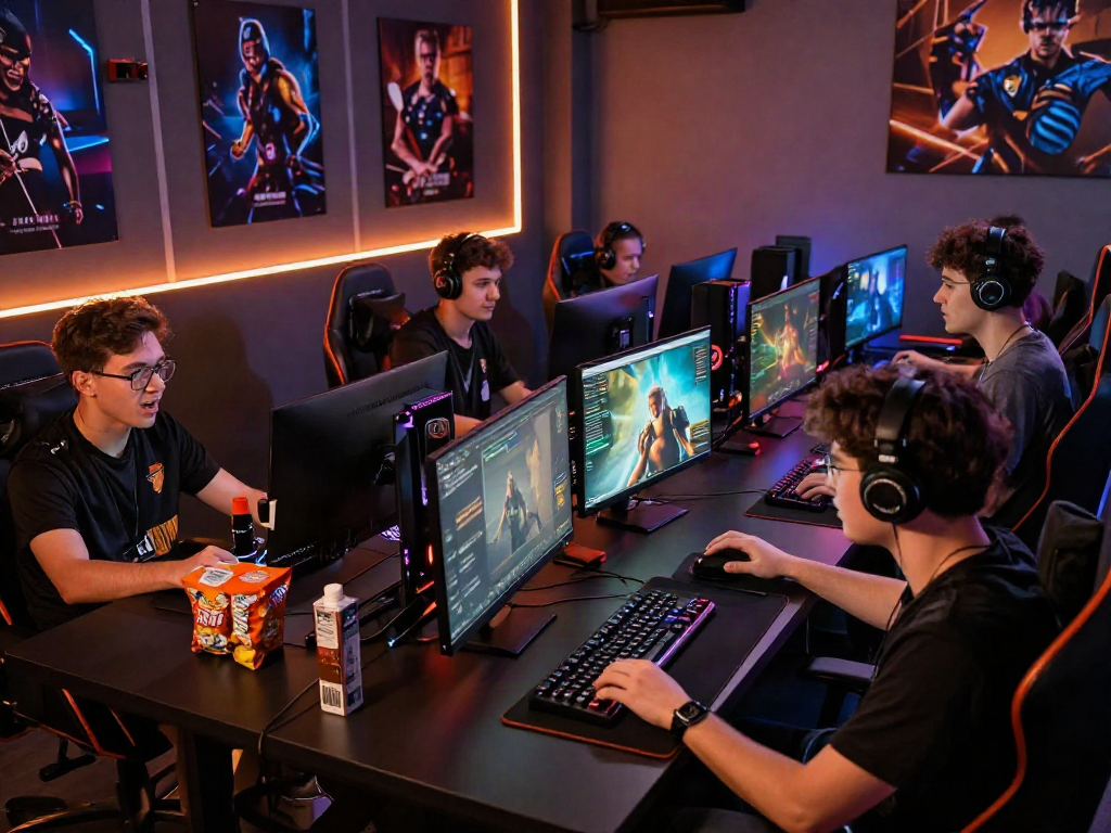 Men enjoying thrilling gaming experience at Manclub in a modern gaming room.