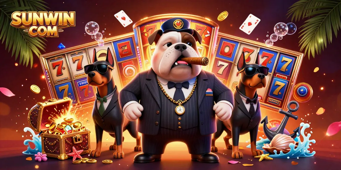 Win big with SUNWIN COM in this vibrant casino-themed illustration showcasing a mafia bulldog and slot machines.