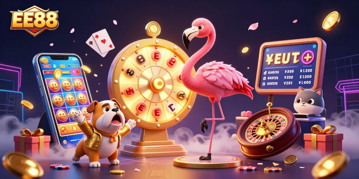EE88 game show scene with flamingo, bulldog, and cat; rich casino gaming elements.