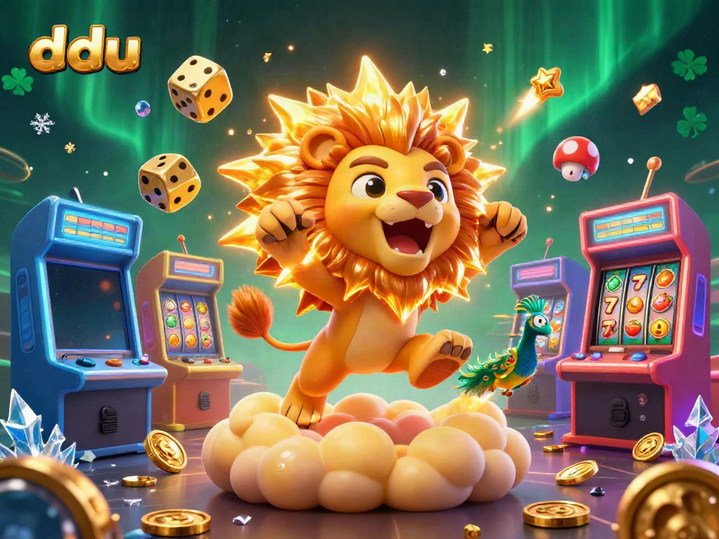 Experience the thrill of dduu casino with a vibrant scene of colorful games, a roaring lion, and dynamic gaming elements.