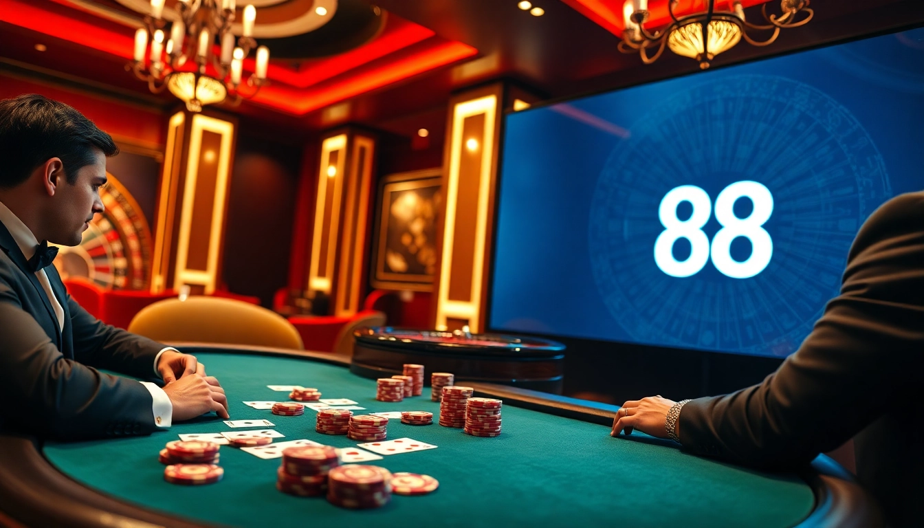 Players enjoying a high-stakes poker game at a luxurious U 888 casino table with vibrant colors.
