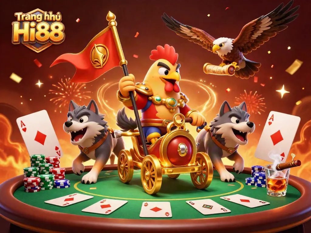 Win with Trang chủ Hi88 in a vibrant poker scene featuring a rooster warlord and epic gaming elements.