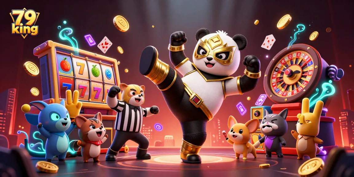 79 king casino scene featuring a panda wrestler and a chihuahua referee in an animated battle.