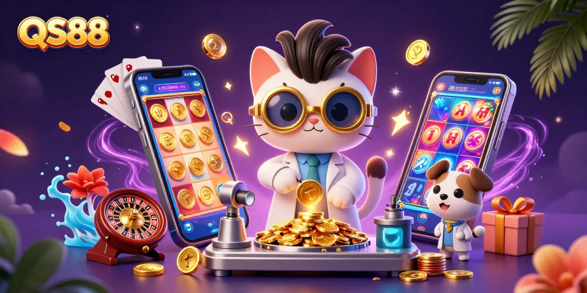 Experience thrilling gaming action with QS88 in a vibrant 3D casino illustration featuring engaging characters.