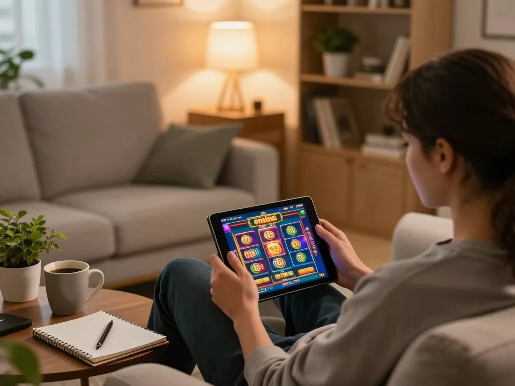 Engaged player enjoying rokok 88 online slots on tablet with cozy home setup.