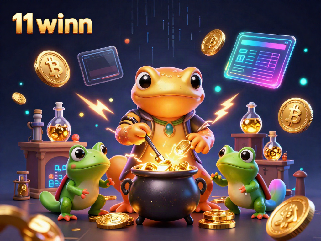 Engage with 11winn's unique gaming experience featuring vibrant 3D alchemists and crypto elements.