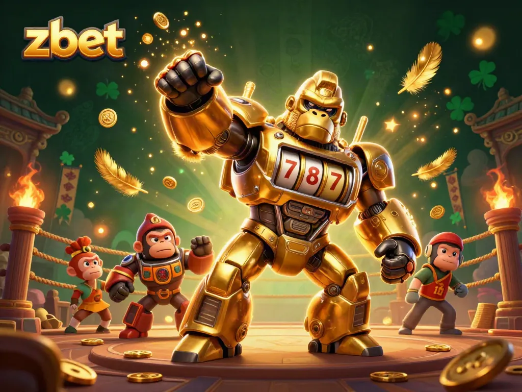Zbet's thrilling gaming experience illustrated with a golden mech, showcasing slot machines and dynamic casino elements.