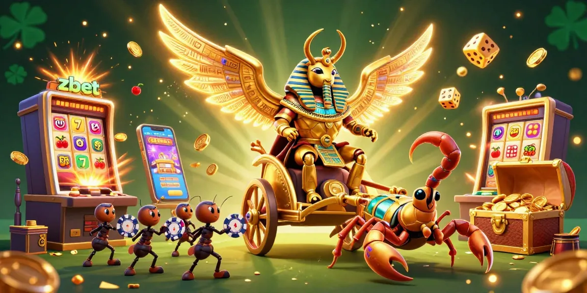 Engage with zbet's vibrant casino world featuring a golden scarab beetle, slot machines, and dynamic game elements.