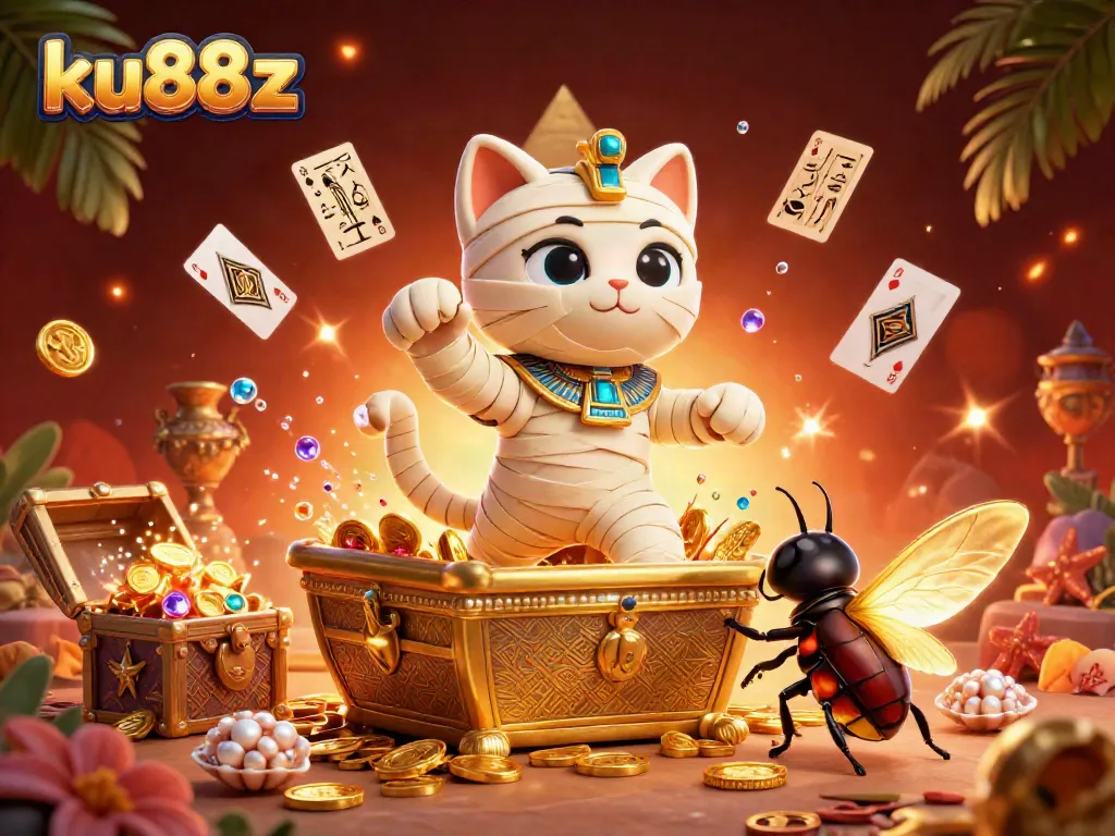 Experience thrilling moments at ku88z with a mummy cat bursting from a golden sarcophagus in a vibrant casino.
