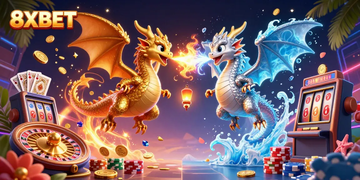 Experience thrilling gaming with 8XBET as golden and silver dragons battle in a vibrant casino scene.