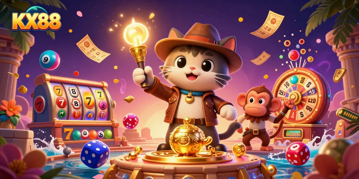 KX88 delivers excitement as a cat explorer uncovers golden casino artifacts surrounded by vibrant gaming elements.