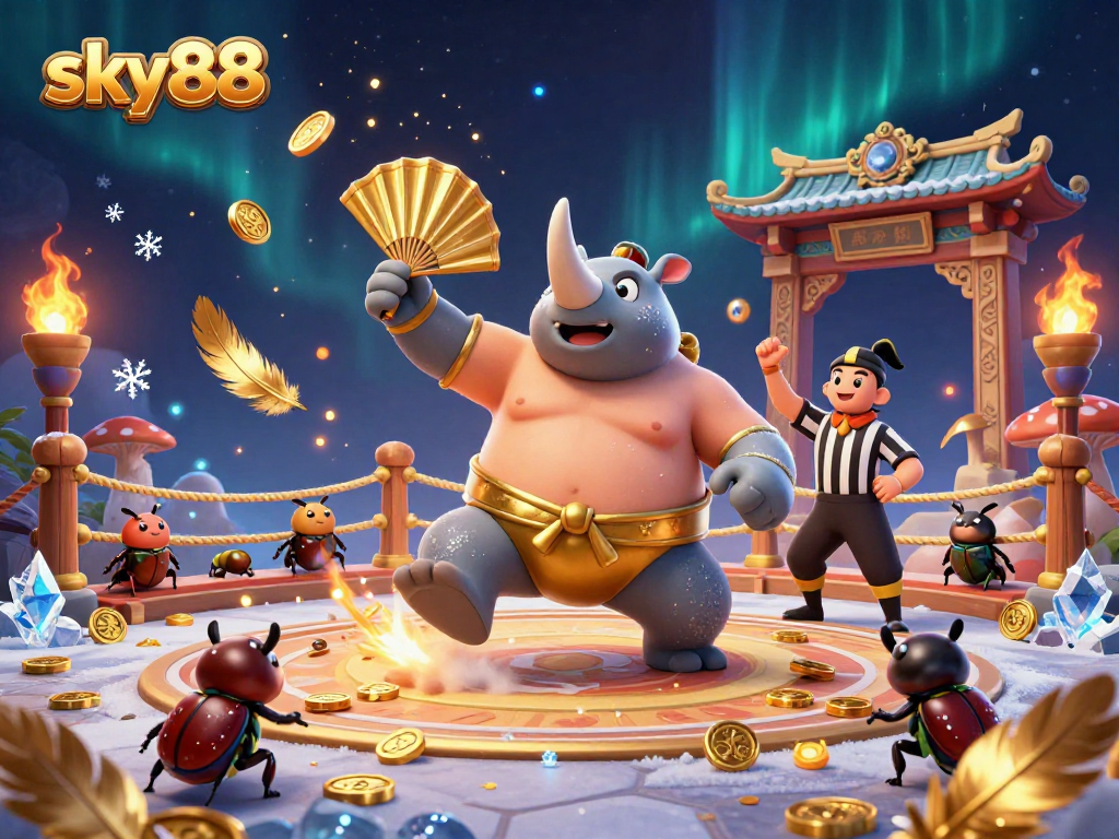 Experience thrilling gameplay at sky88 with a vibrant illustration of a sumo beetle champion amidst dynamic casino elements and cheering spectators.