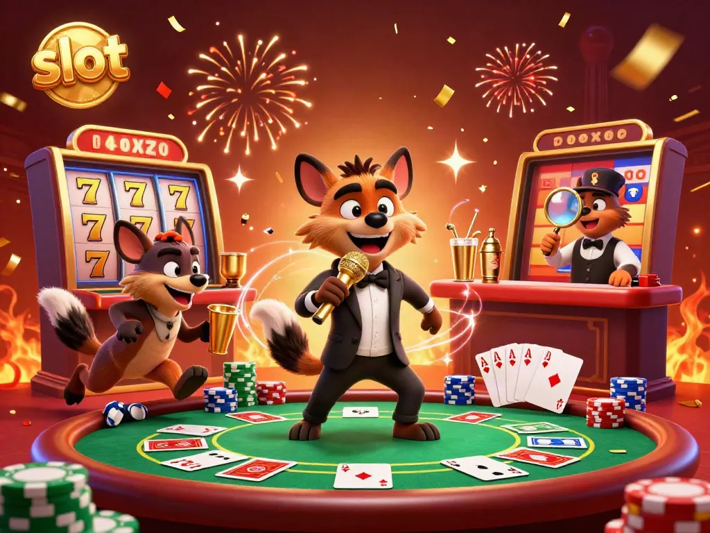 Hyena characters celebrating around slot machines in a vibrant casino environment.