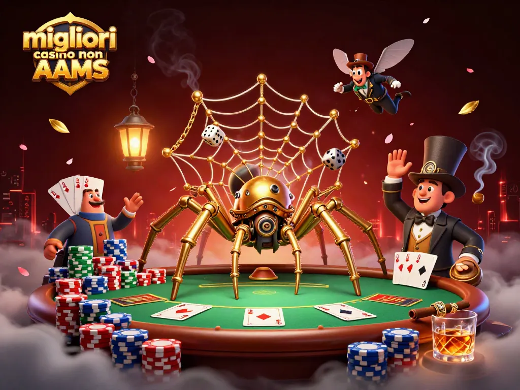 I migliori casino non AAMS presentano un'illustrazione vivace con un ragno steampunk d'oro e elementi di gioco avvincenti.