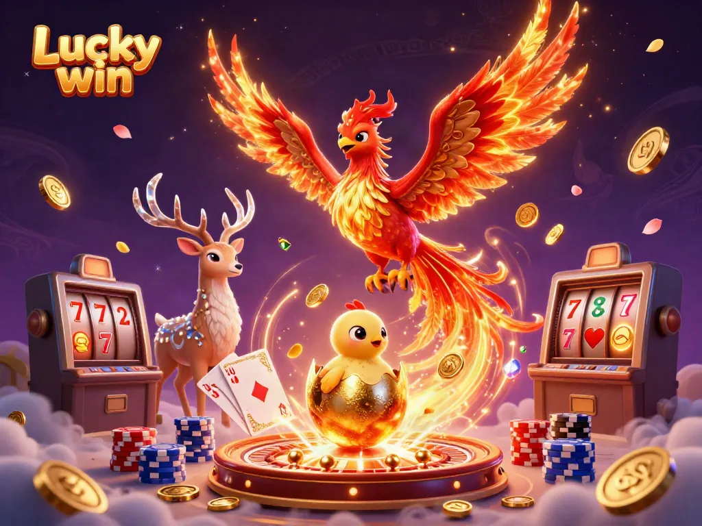 Engage with Lucky win through dynamic casino games featuring a blazing phoenix and magical elements.