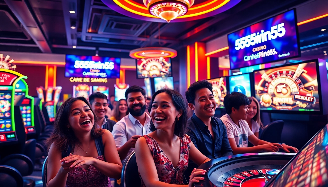 Excited players enjoying online casino games, showcasing 555win555 in a modern digital atmosphere.